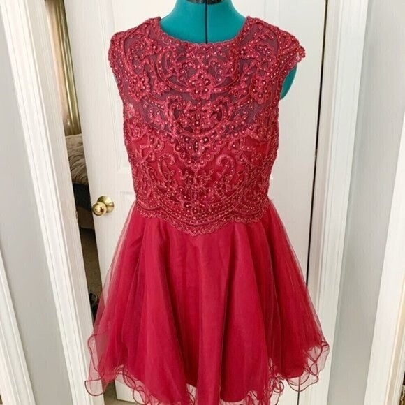 Homecoming Prom Party Sleeveless Beaded Lace Floral Tulle Lined Skater Dress - Picture 5 of 13